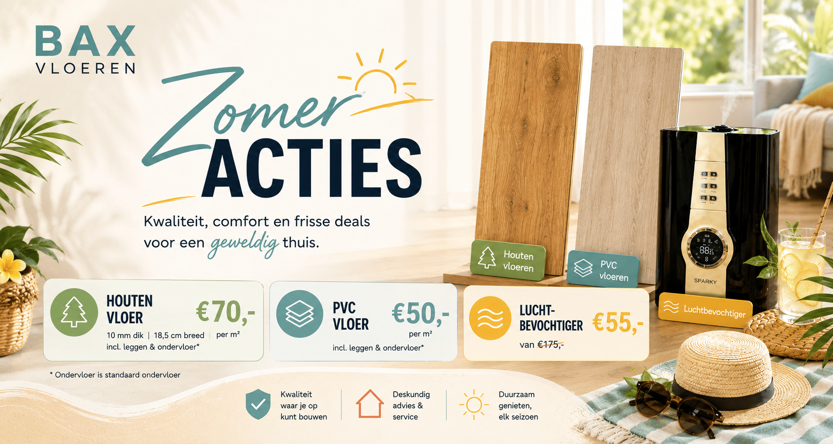 Zomeractie banner van Bax Vloeren met aanbiedingen voor houten vloeren, PVC vloeren en luchtbevochtiger.